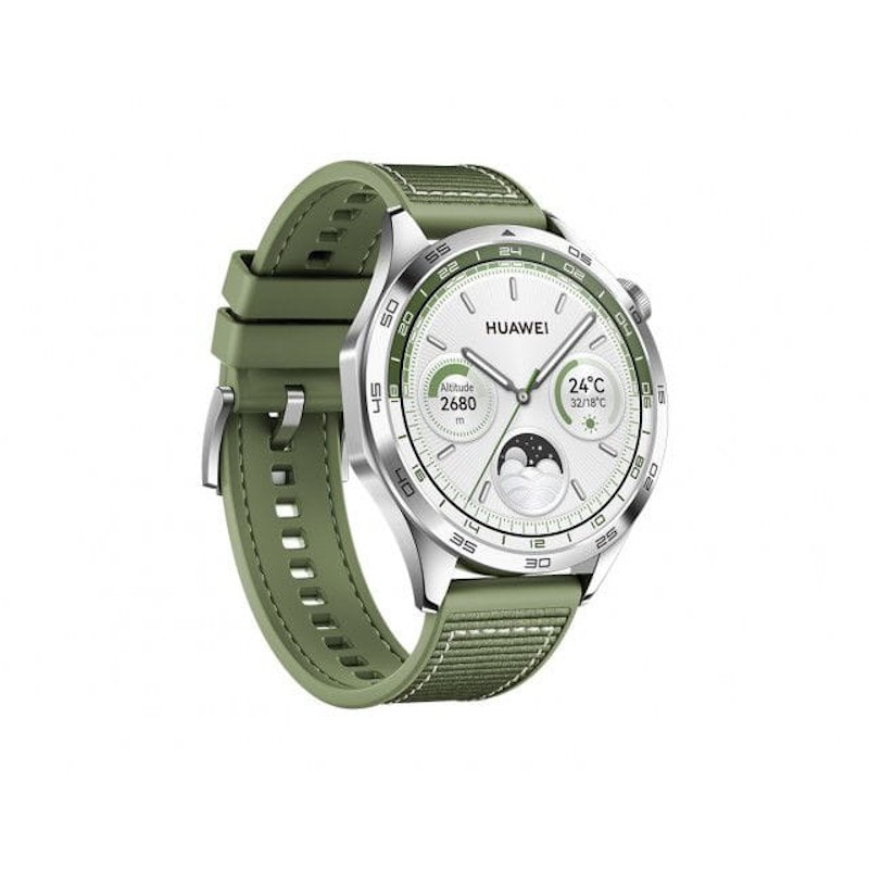 Vista en perspectiva del reloj inteligente Huawei Watch GT 4  de 46mm en color Verde