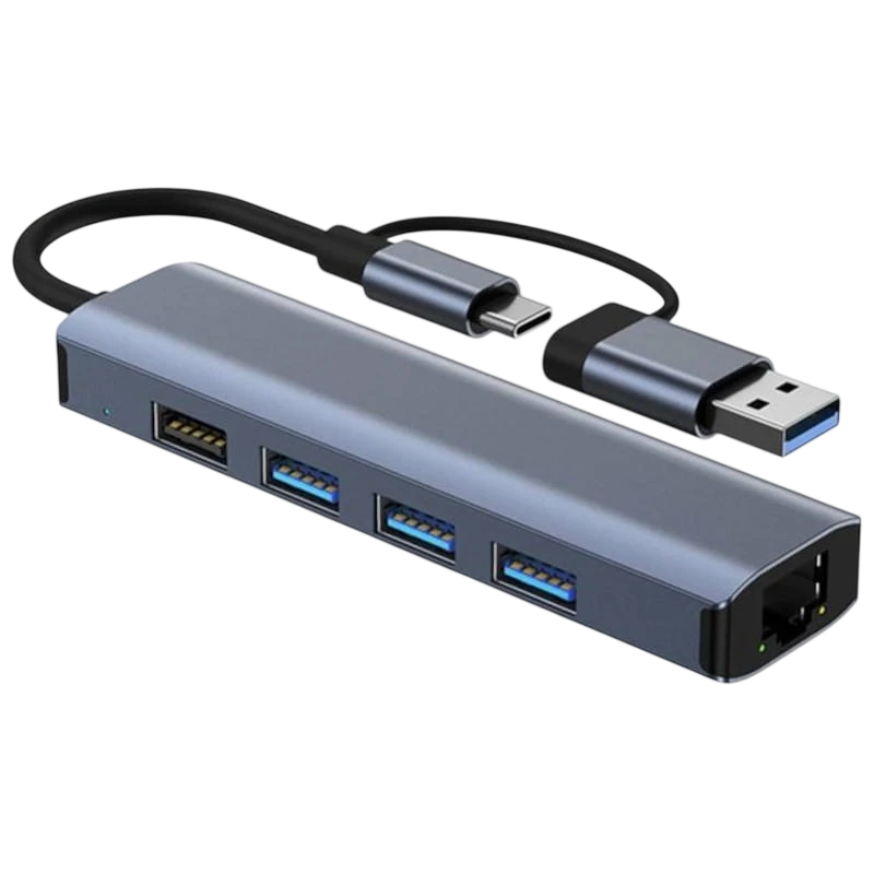Hub USB BYL-2208 5 en 2 USB 3.0+Tipo-C/RJ45 (Gigabit)+USB 3.0+2.0 Gris