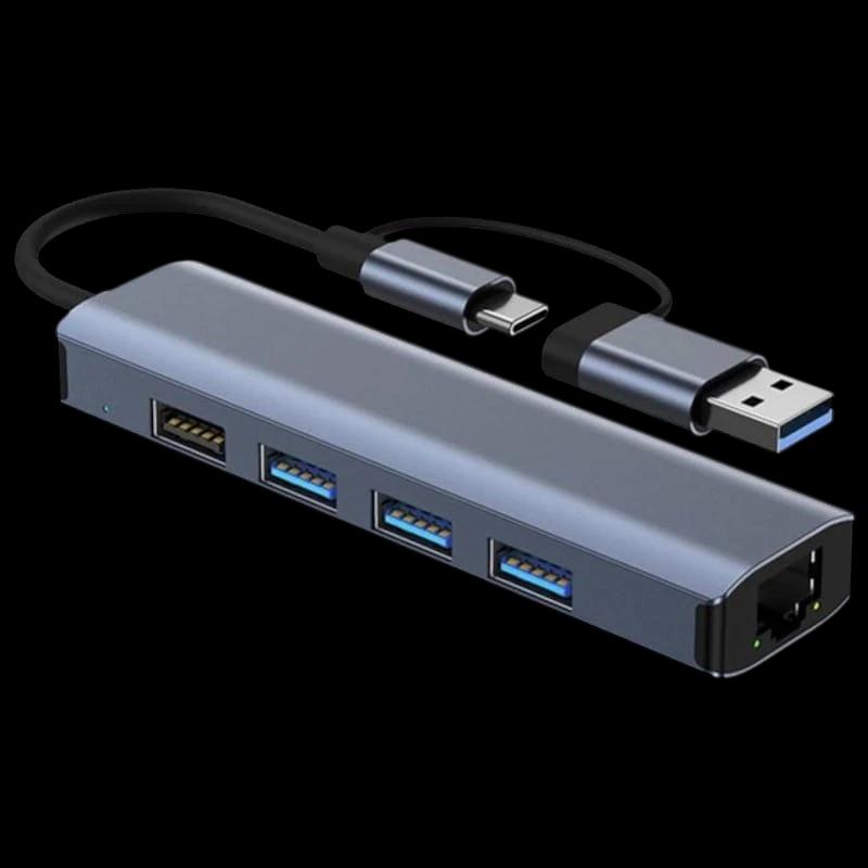 Hub USB BYL-2208 5 en 2 USB 3.0+Tipo-C/RJ45 (Gigabit)+USB 3.0+2.0 Gris