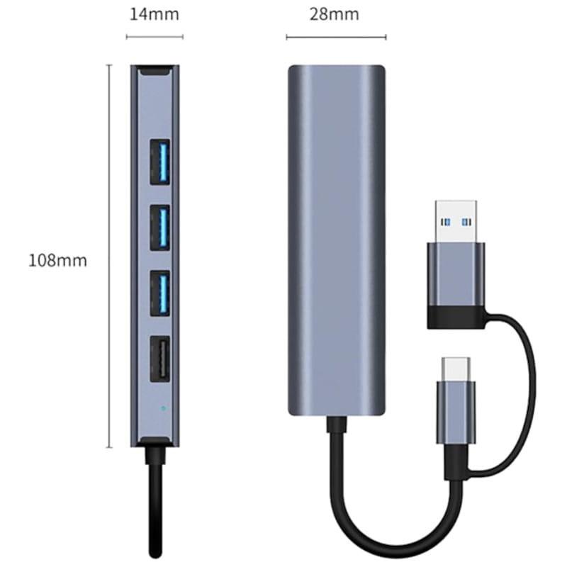 Dimensiones de Hub USB BYL-2208 5 en 2 USB 3.0+Tipo-C/RJ45 (Gigabit)+USB 3.0+2.0 Gris