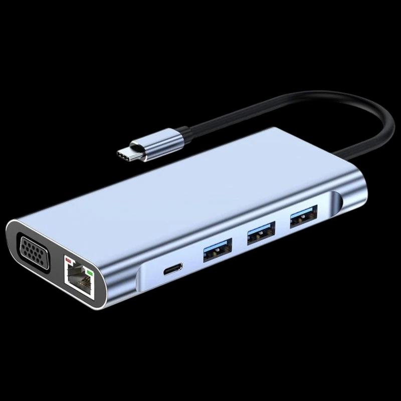 Hub BYL-2310 11-en-1 USB Type-C vers HDMI/USB 3.0/RJ45/USB Type C/PD/3,5 mm Noir