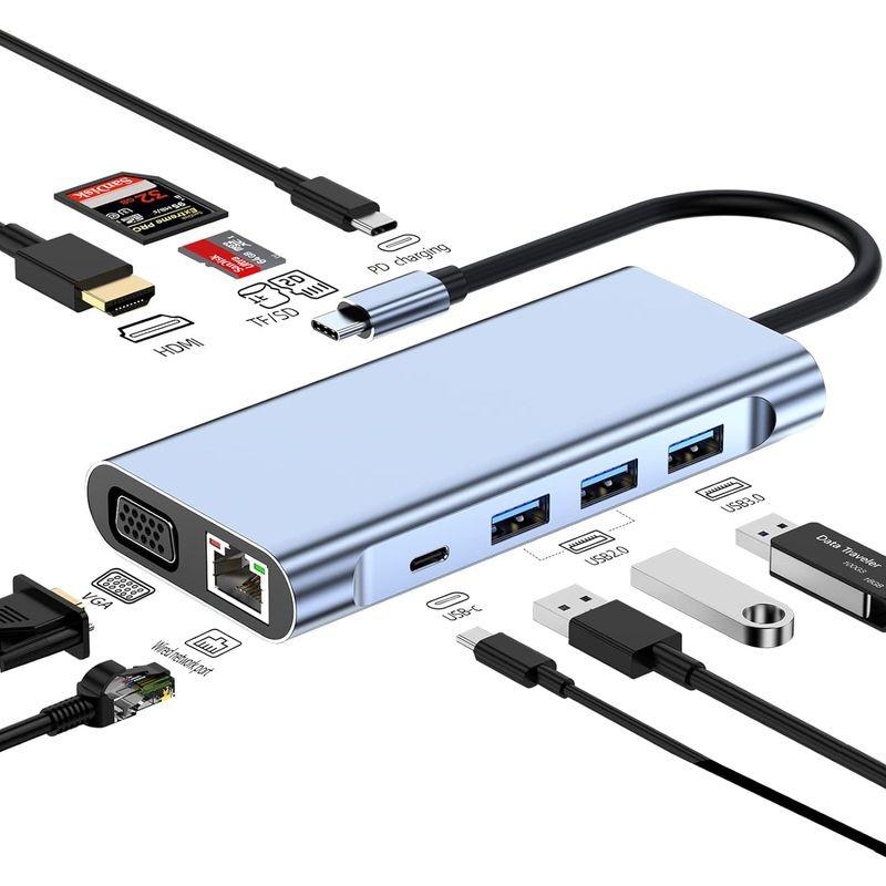 Connexions de Hub BYL-2310 11-en-1 USB Type-C vers HDMI/USB 3.0/RJ45/USB Type C/PD/3,5 mm Noir