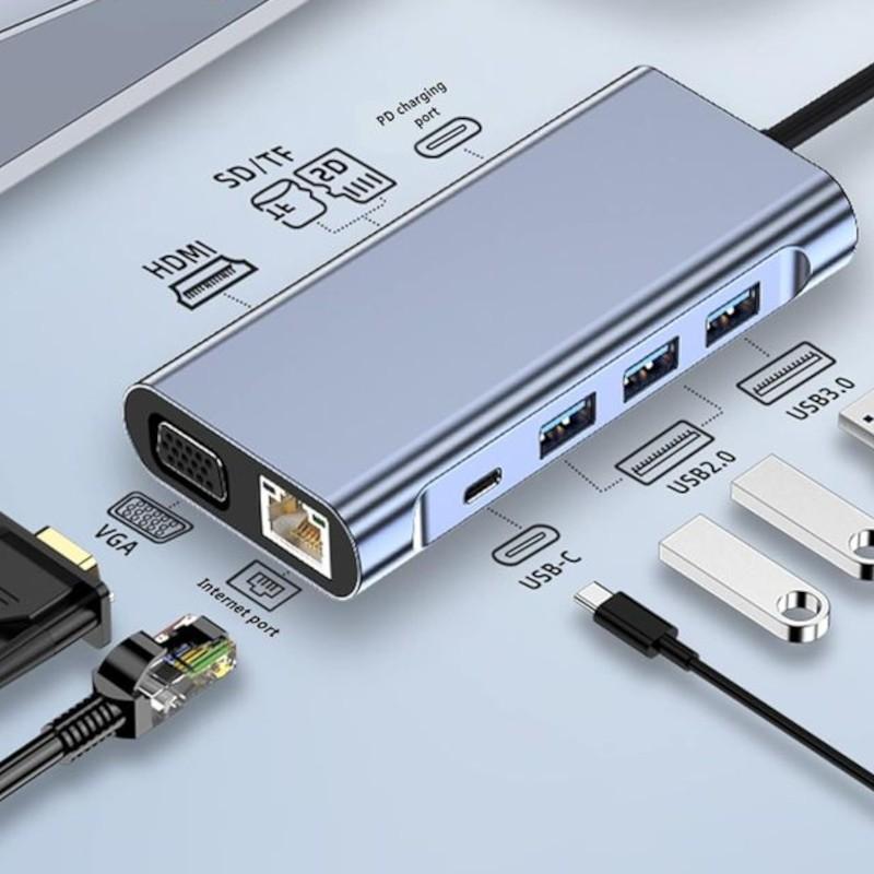 Adaptable Hub BYL-2310 11-en-1 USB Type-C vers HDMI/USB 3.0/RJ45/USB Type C/PD/3,5 mm Noir