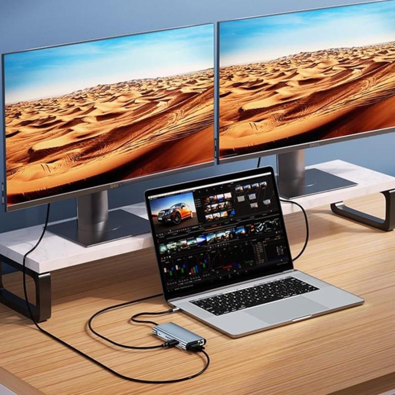 Puissant Hub BYL-2310 11-en-1 USB Type-C vers HDMI/USB 3.0/RJ45/USB Type C/PD/3,5 mm Noir