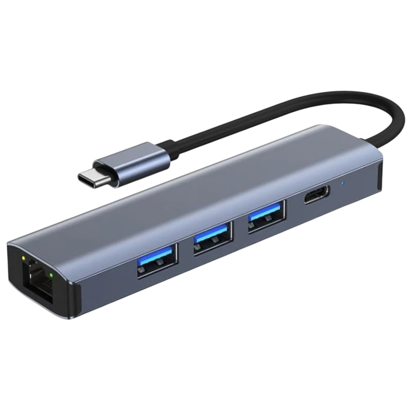 Hub USB BYL-2302 5 en 1 USB Tipo-C/USB 3.0+Tipo C 100W+RJ45 Gris