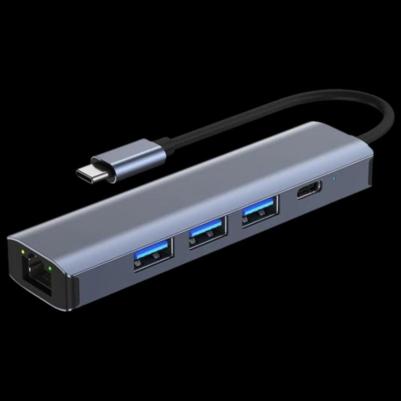 Hub USB BYL-2302 5 en 1 USB Type-C/USB 3.0+Type C 100W+RJ45 Gris