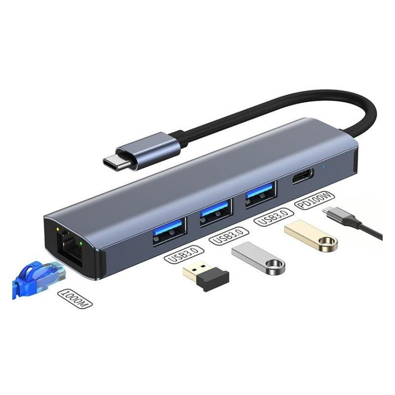 Connexions de Hub USB BYL-2302 5 en 1 USB Type-C/USB 3.0+Type C 100W+RJ45 Gris