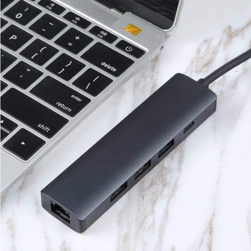Adaptable Hub USB BYL-2302 5 en 1 USB Type-C/USB 3.0+Type C 100W+RJ45 Gris