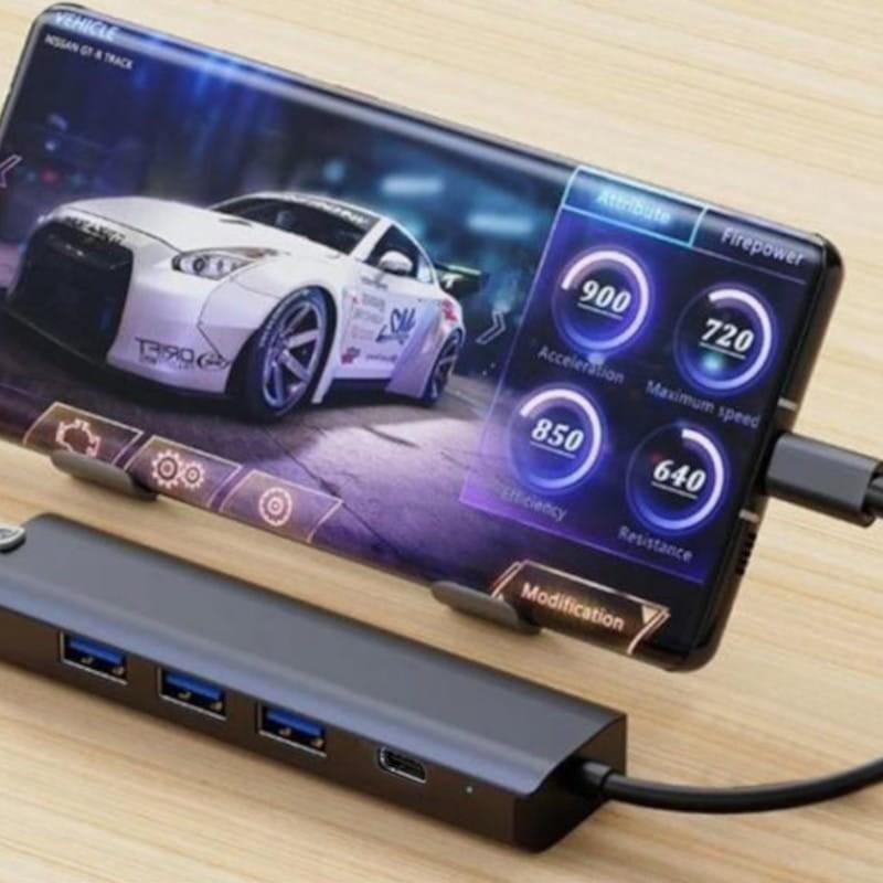 Puissant Hub USB BYL-2302 5 en 1 USB Type-C/USB 3.0+Type C 100W+RJ45 Gris