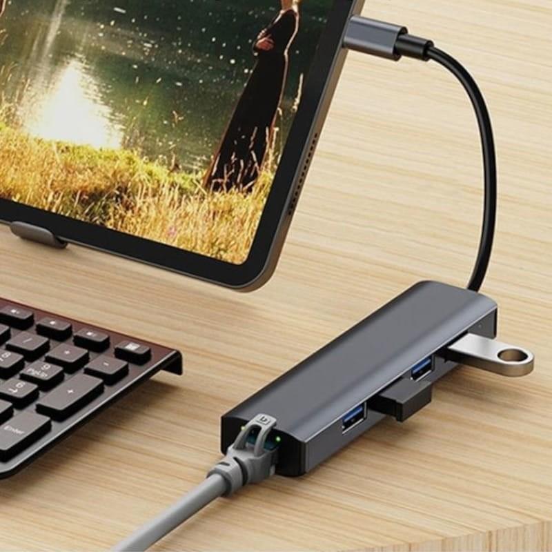 Ports de Hub USB BYL-2302 5 en 1 USB Type-C/USB 3.0+Type C 100W+RJ45 Gris