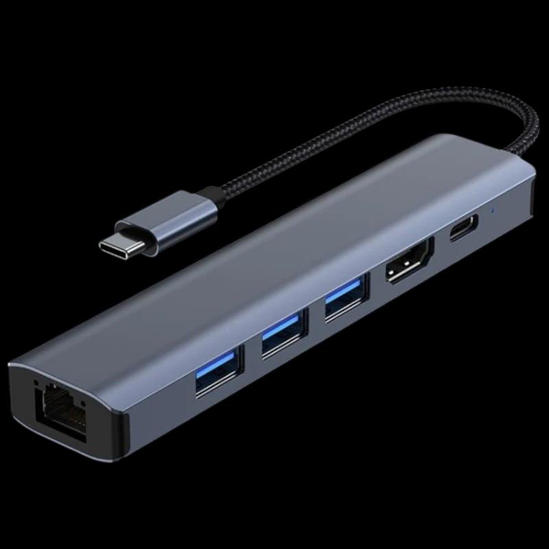 Hub 2210 6 en 1 USB Tipo-C a USB 3.2/HDMI/USB Tipo C Negro