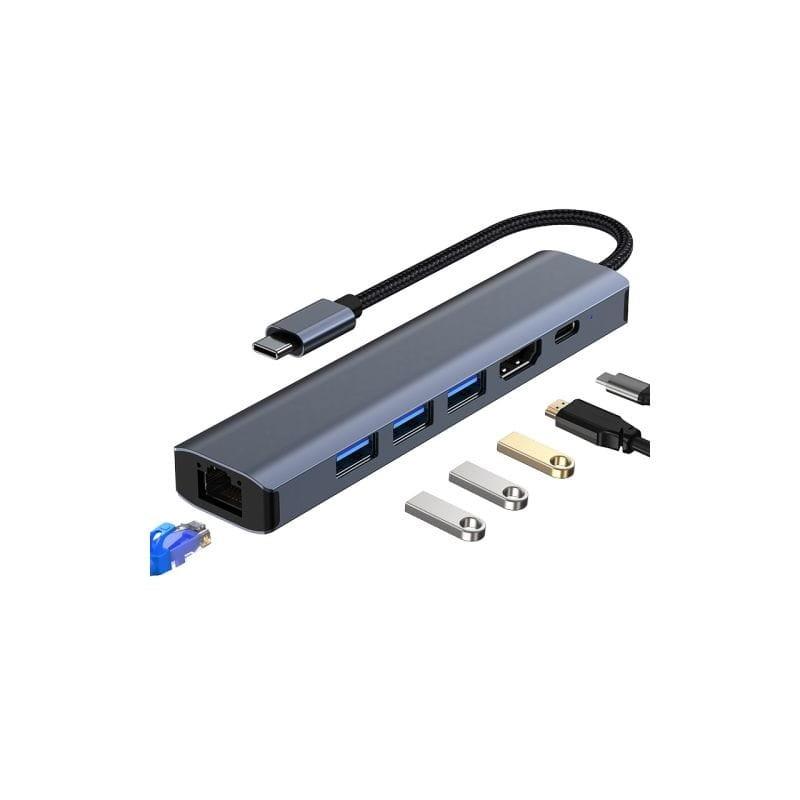 Conexiones de Hub 2210 6 en 1 USB Tipo-C a USB 3.2/HDMI/USB Tipo C Negro