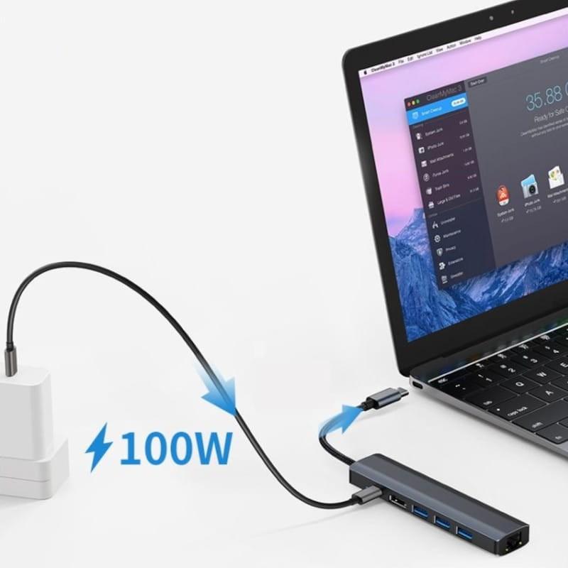 Carga de Hub 2210 6 en 1 USB Tipo-C a USB 3.2/HDMI/USB Tipo C Negro