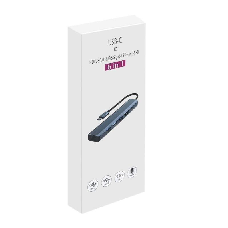 Caja de Hub 2210 6 en 1 USB Tipo-C a USB 3.2/HDMI/USB Tipo C Negro