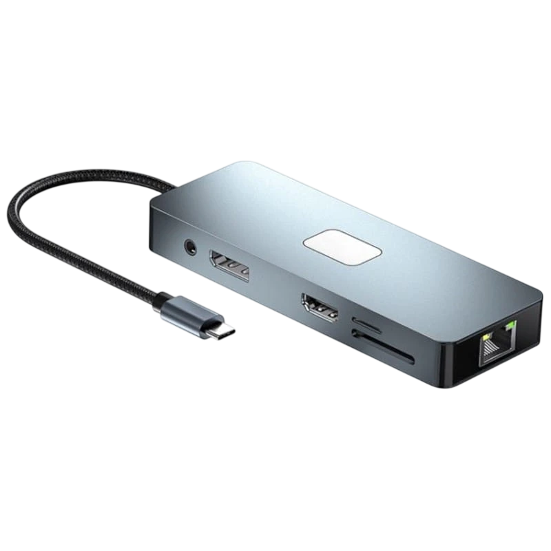 Hub BYL-2309 11 en 1 USB Tipo-C a HDMI/microUSB/VGA/RJ45/USB3.2/Jack 3.5mm/USB Tipo C 100W Plata