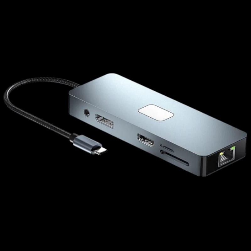 Hub BYL-2309 11 em 1 USB tipo C para HDMI/USB tipo C/VGA/RJ45/USB3.2/3,5 mm Jack/PD100W Prata