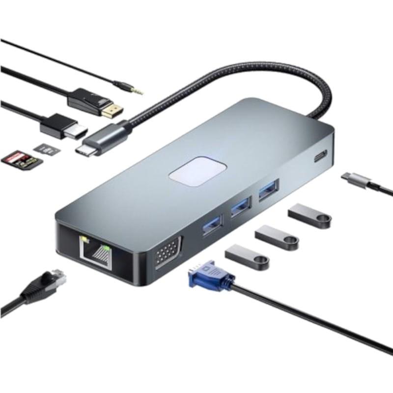 Conexões de Hub BYL-2309 11 em 1 USB tipo C para HDMI/USB tipo C/VGA/RJ45/USB3.2/3,5 mm Jack/PD100W Prata
