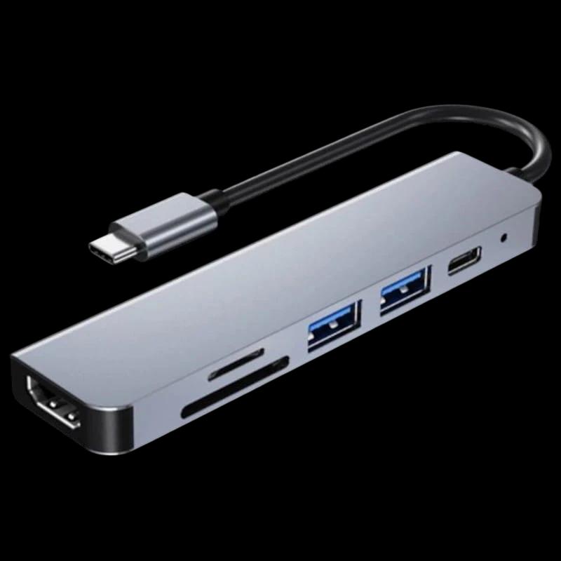 Hub USB BYL-2010 6 en 1 USB Tipo-C/HDMI+USB 3.0+USB 2.0+Tipo C+microSD+TF Gris