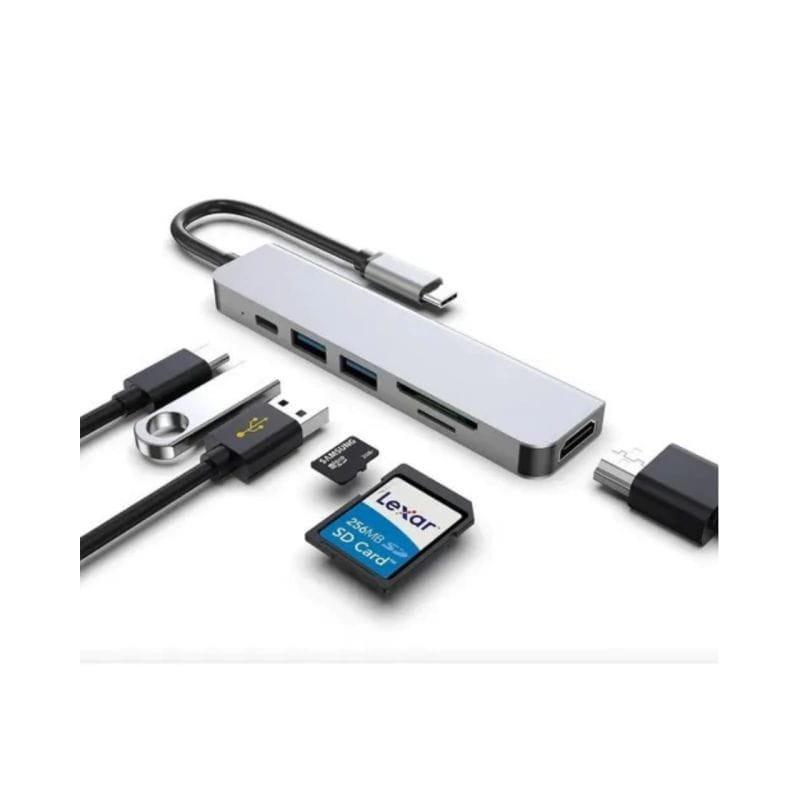 Adaptable Hub USB BYL-2010 6 en 1 USB Tipo-C/HDMI+USB 3.0+USB 2.0+Tipo C+microSD+TF Gris
