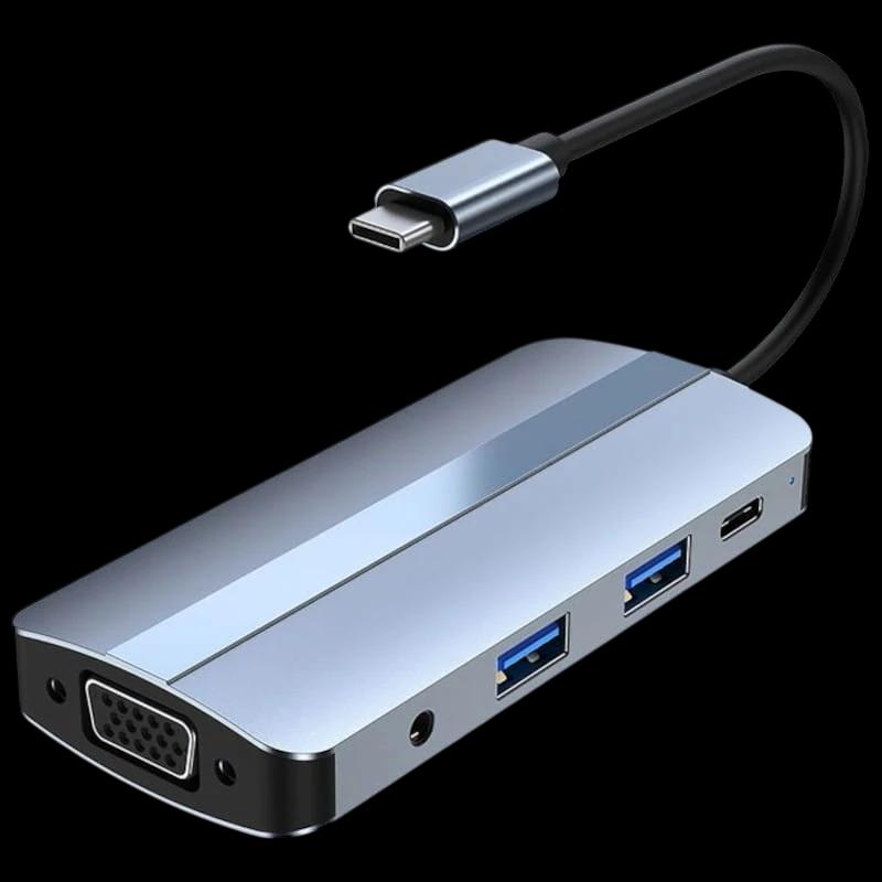Hub USB BYL-2105 8 en 1 USB-C /USB 3.0+2.0+USB Tipo C+VGA+HDMI+microSD+TF Plata