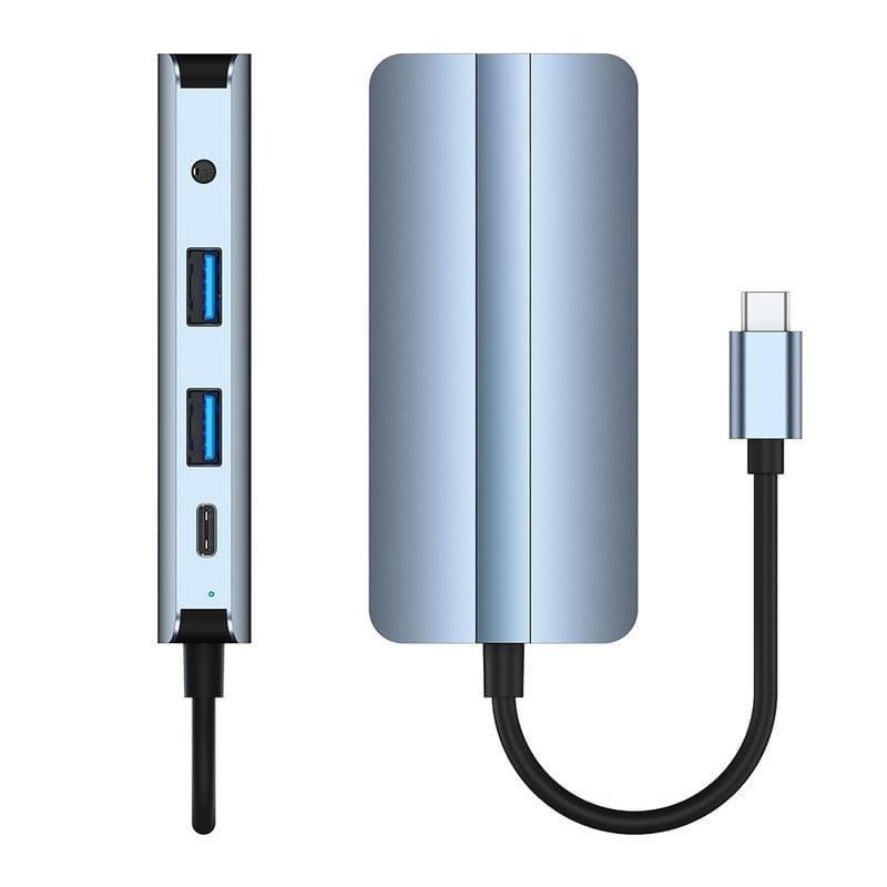 Frontal de Hub USB BYL-2105 8 en 1 USB-C /USB 3.0+2.0+USB Tipo C+VGA+HDMI+microSD+TF Plata