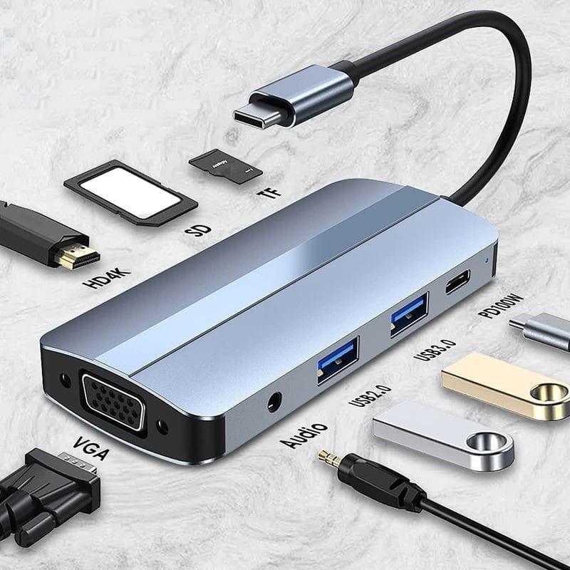 Adaptable Hub USB BYL-2105 8 en 1 USB-C /USB 3.0+2.0+USB Tipo C+VGA+HDMI+microSD+TF Plata