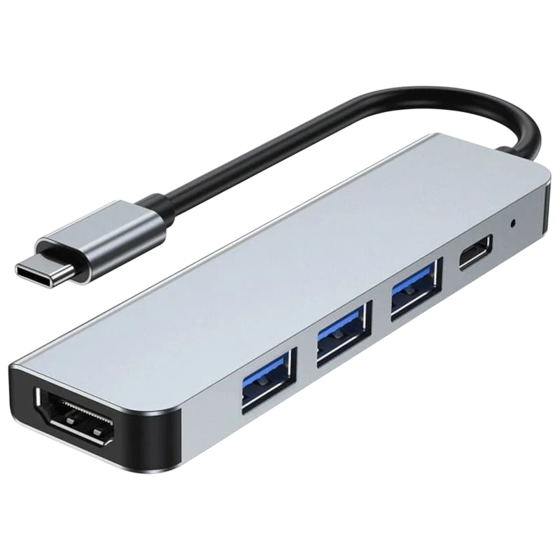 Hub USB BYL 2008 5 en 1 USB Tipo-C/HDMI+USB 3.0+USB 2.0+USB Tipo C Plata