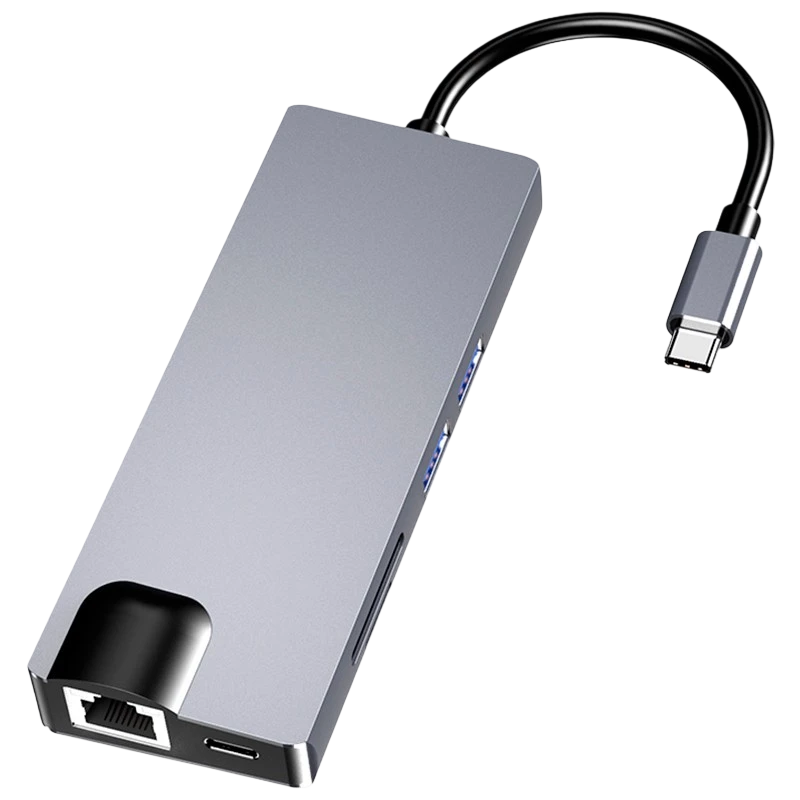 Hub USB-C 8 en 1 con HDMI, VGA, 2x USB 3.0, USB-C PD, SD/TF y RJ45 1000 Mbps
