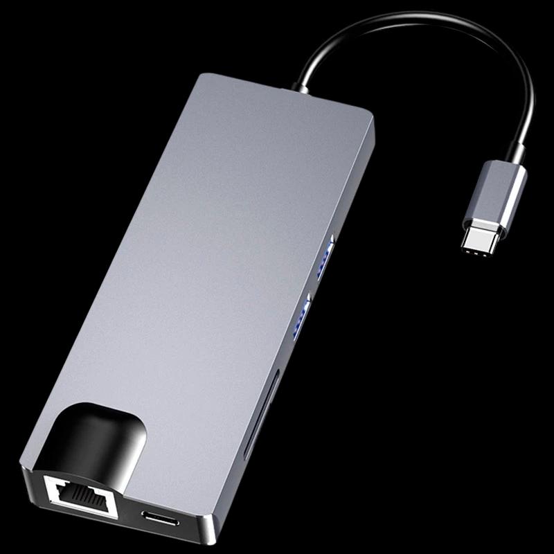 Hub USB-C 8 en 1 con HDMI, VGA, 2x USB 3.0, USB-C PD, SD/TF y RJ45 1000 Mbps
