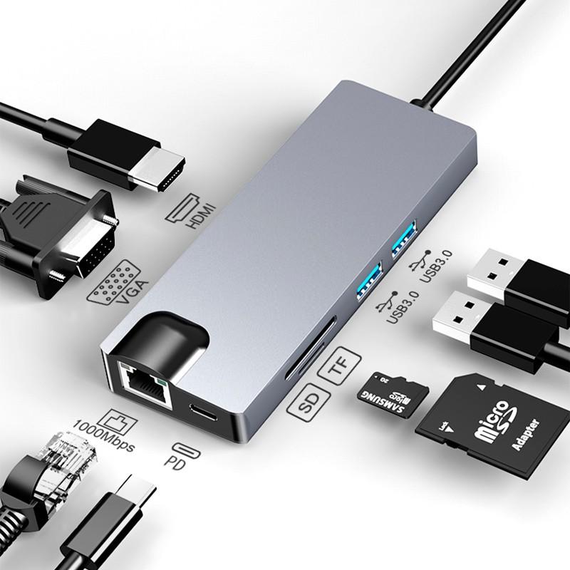 interfaz del Hub USB-C 8 en 1 con HDMI, VGA, 2x USB 3.0, USB-C PD, SD/TF y RJ45 1000 Mbps