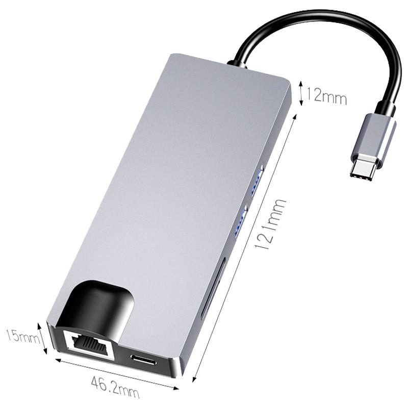 dimensiones del Hub USB-C 8 en 1 con HDMI, VGA, 2x USB 3.0, USB-C PD, SD/TF y RJ45 1000 Mbps