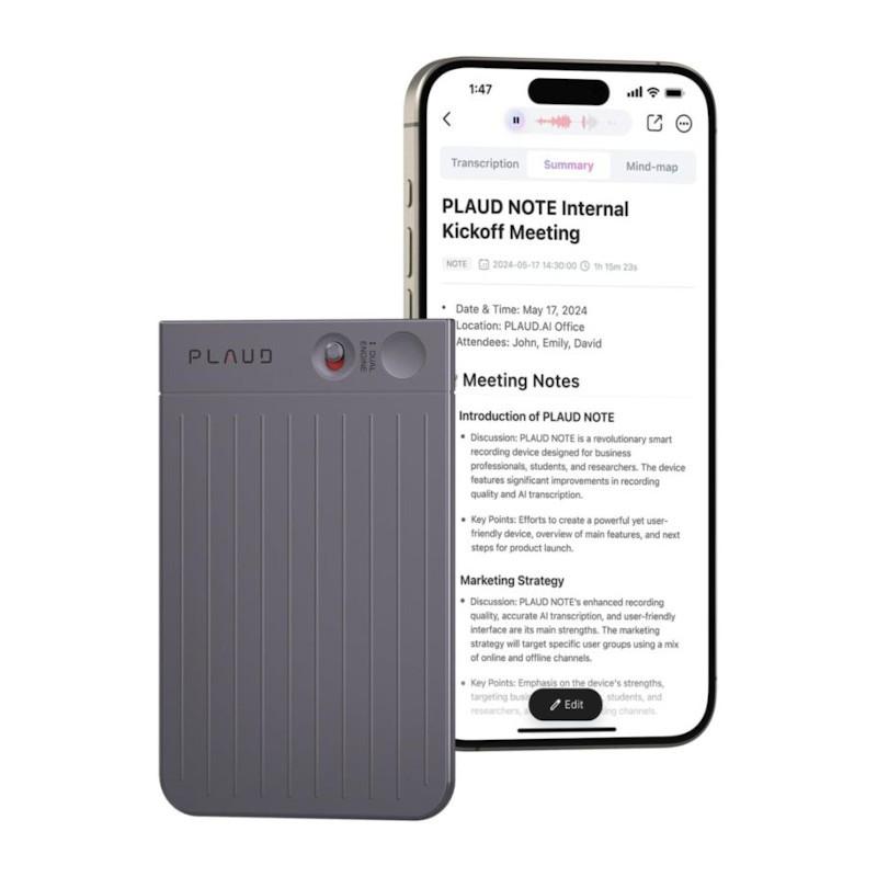 Grabadora de Voz con IA PLAUD Note Negro junto a un smartphone