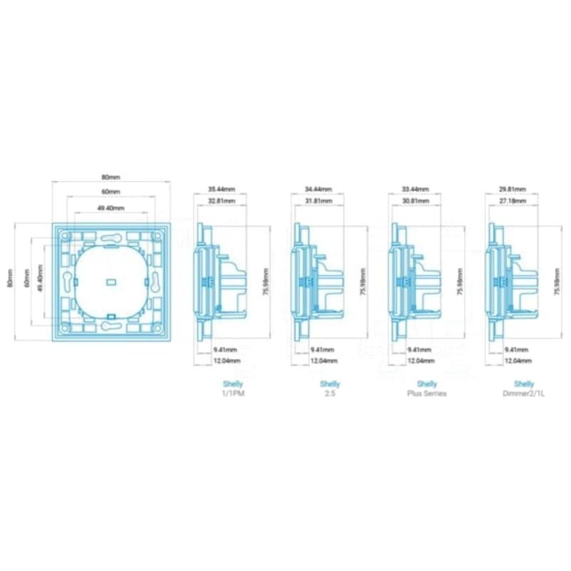 Schéma et dimensions de l'interrupteur blanc Shelly Wall Switch 2