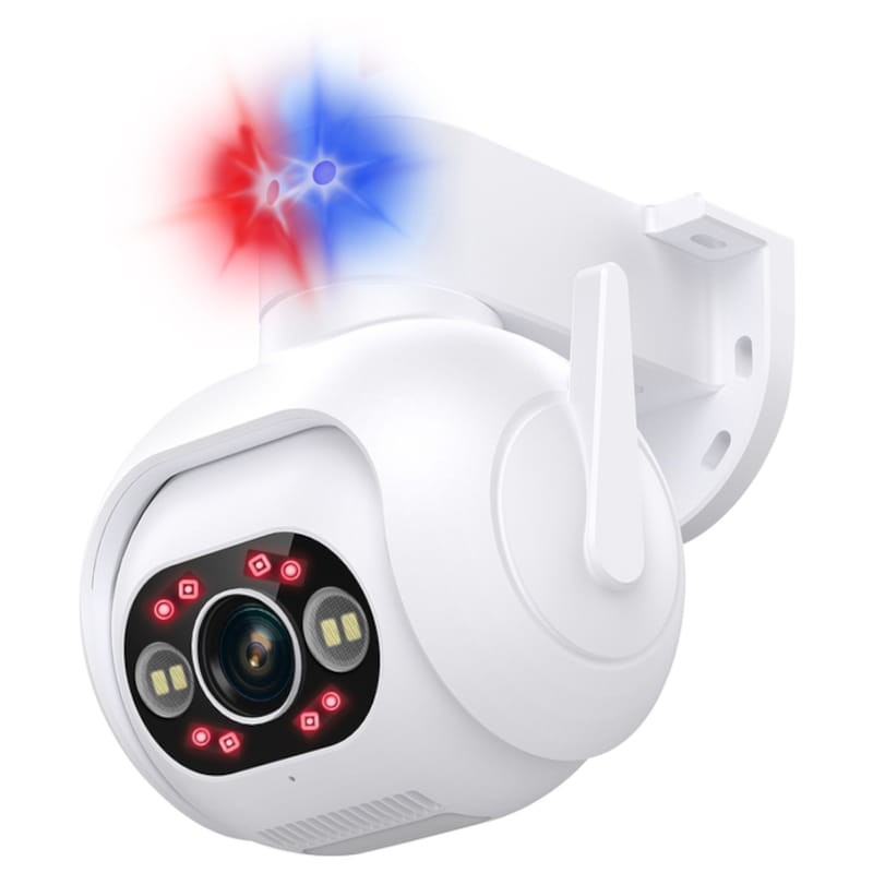 IP Escam PT304 4MP - Cámara de Seguridad vista frontal izquierda luces rojas y azules