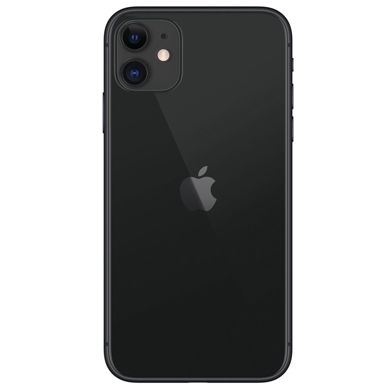 iPhone 11 128GB preto renovado em excelente condição, traseira em vidro brilhante, bordas arredondadas e módulo duplo de câmeras com flash LED