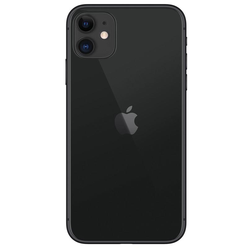 iPhone 11 128GB preto renovado em excelente condição, traseira em vidro brilhante, bordas arredondadas e módulo duplo de câmeras com flash LED