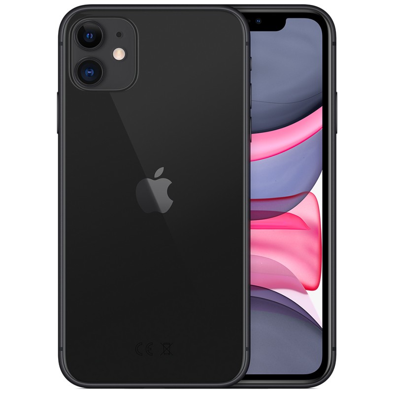 iPhone 11 128GB preto renovado em condição excelente, corpo em vidro e alumínio, tela ampla com notch, duas câmeras traseiras e logo Apple central