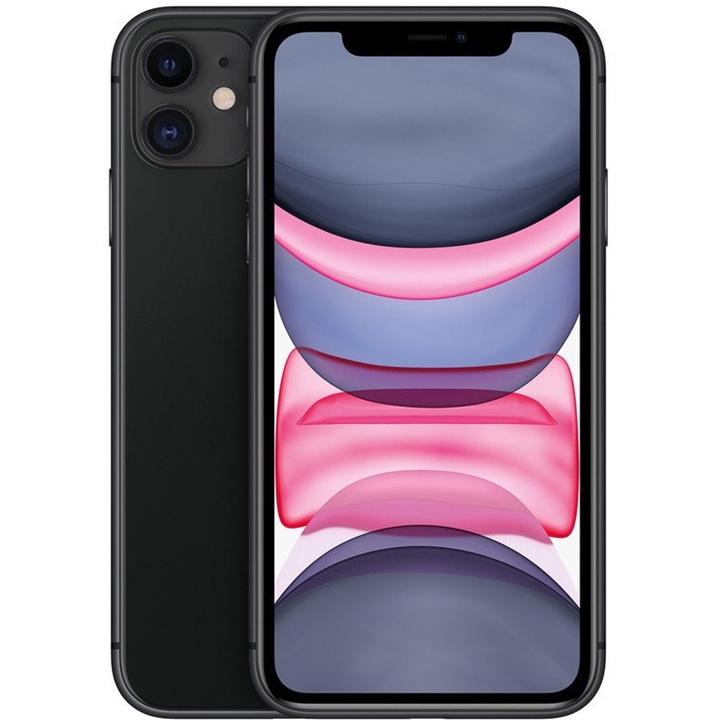 iPhone 11 128GB preto renovado em excelente condição, tela ampla com notch, bordas finas, dupla câmera traseira vertical e acabamento fosco elegante