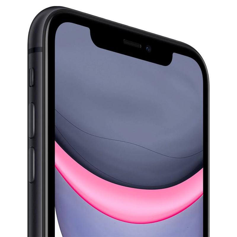 iPhone 11 128GB Preto Renovado em condição excelente, corpo preto fosco, tela ampla com notch e bordas finas, laterais com botões e acabamento premium
