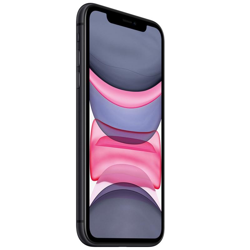iPhone 11 128GB Preto Renovado em condição excelente, tela grande com notch, bordas finas e acabamento preto fosco, câmera dupla traseira discreta