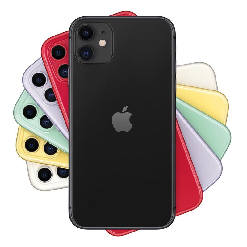 iPhone 11 128GB Preto Renovado em condição excelente, traseira preta com logo Apple, câmera dupla, exibido com várias cores ao fundo mostrando opções