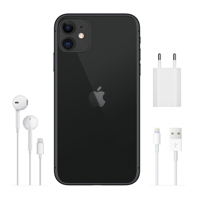 iPhone 11 128GB preto renovado em condição excelente, traseira em vidro com logo Apple, duas câmeras, acompanha carregador, cabo Lightning e fones EarPods