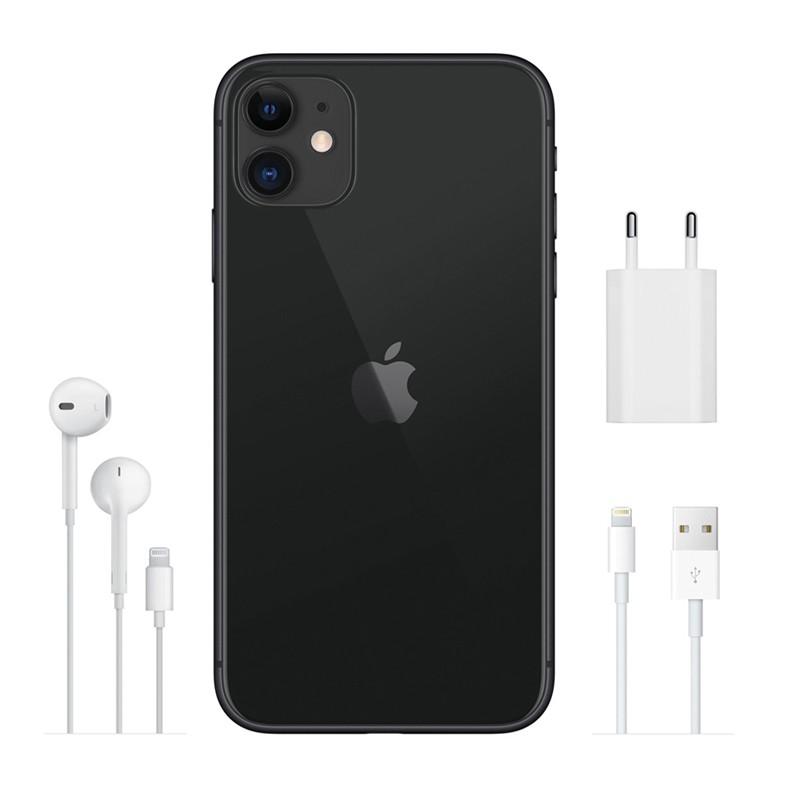 iPhone 11 128GB preto renovado em condição excelente, traseira em vidro com logo Apple, duas câmeras, acompanha carregador, cabo Lightning e fones EarPods