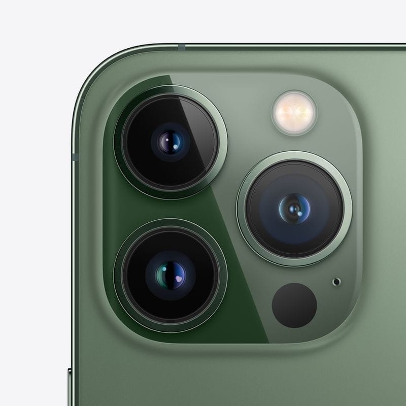 Módulo de cámaras traseras del iPhone 13 Pro 128GB Verde Alpino Renovado en estado excelente, triple lente con flash y acabado verde metálico elegante