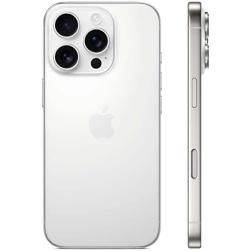 iPhone 16 Pro 5G 128GB en titanio blanco reacondicionado premium, triple cámara trasera con lentes grandes, bordes planos y botón lateral visible