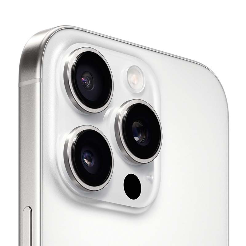 Módulo de cámara triple del iPhone 16 Pro 5G en titanio blanco, lentes grandes con aro negro y flash LED, acabado premium reacondicionado