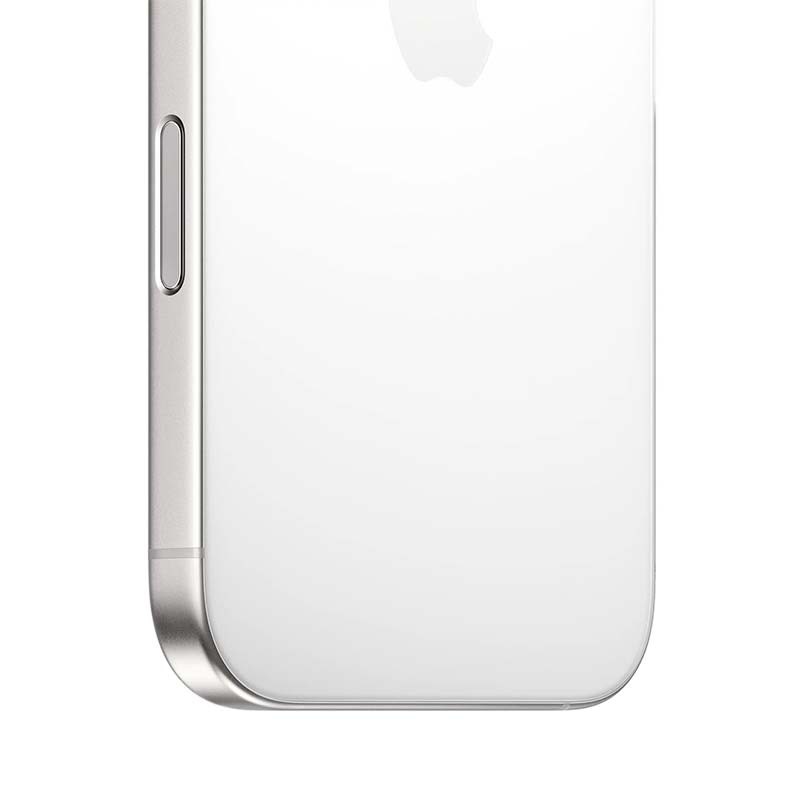 Lateral del iPhone 16 Pro en titanio blanco, borde curvo pulido, botón de volumen metálico y acabado premium reacondicionado de 128GB con 5G