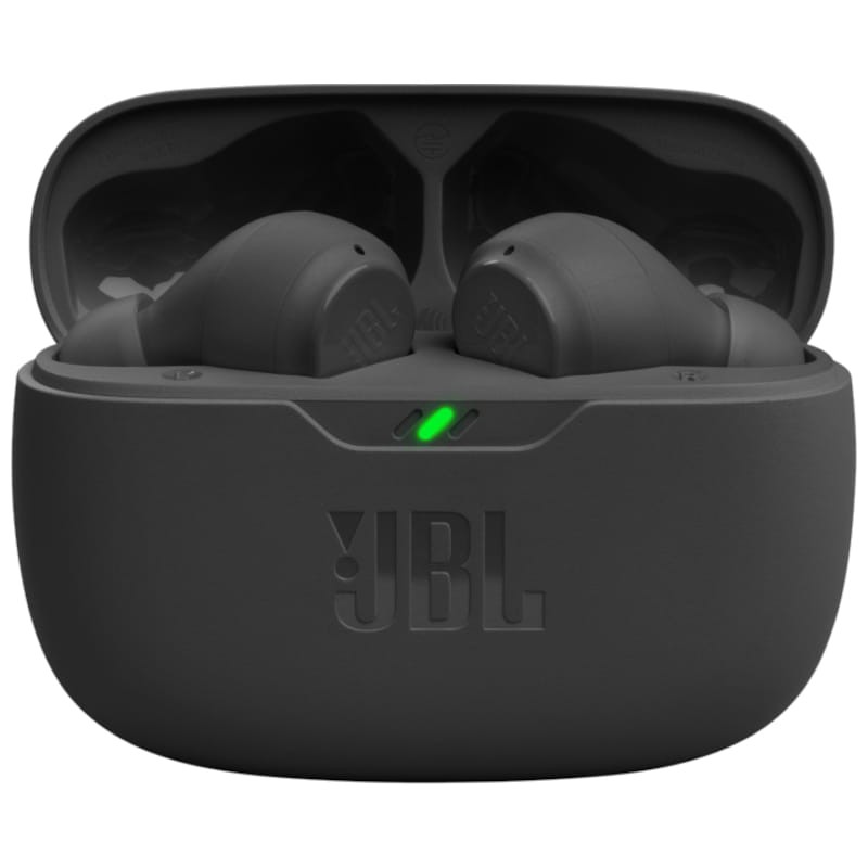 vista frontal del estuche de carga de los Auriculares Bluetooth JBL Wave Beam Negro