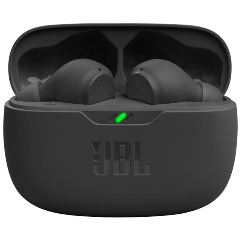 vista frontal del estuche de carga de los Auriculares Bluetooth JBL Wave Beam Negro