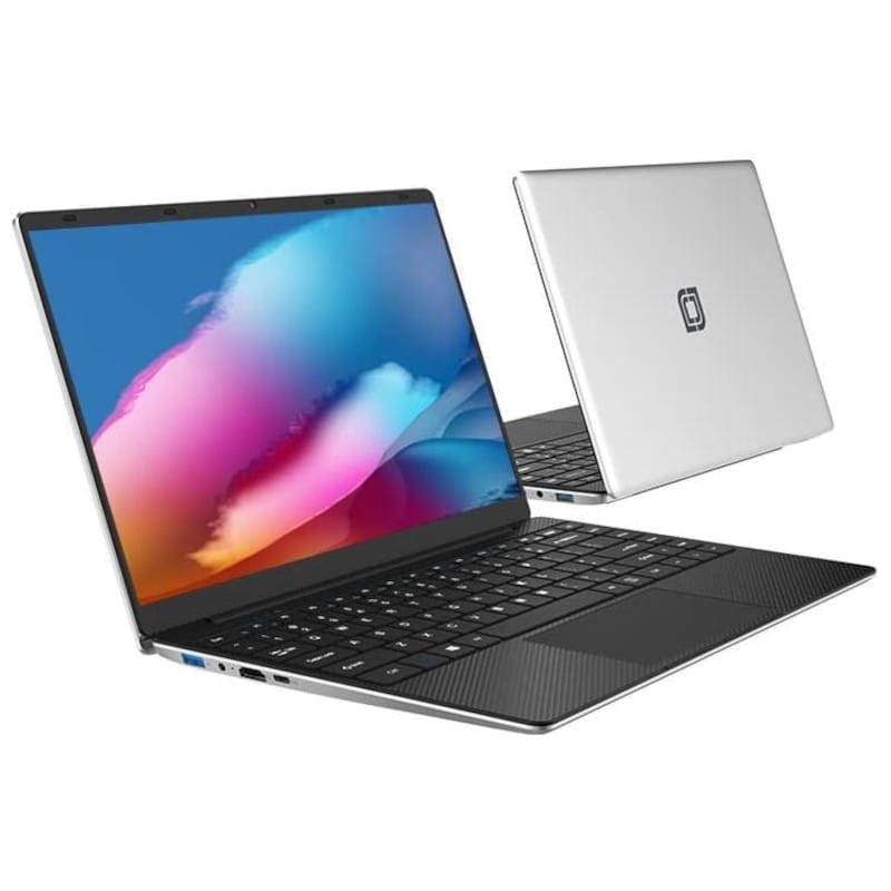 Ordinateur portable argent 14 pouces fin avec écran bord à bord coloré, clavier noir chiclet et multiples ports latéraux, design léger et élégant